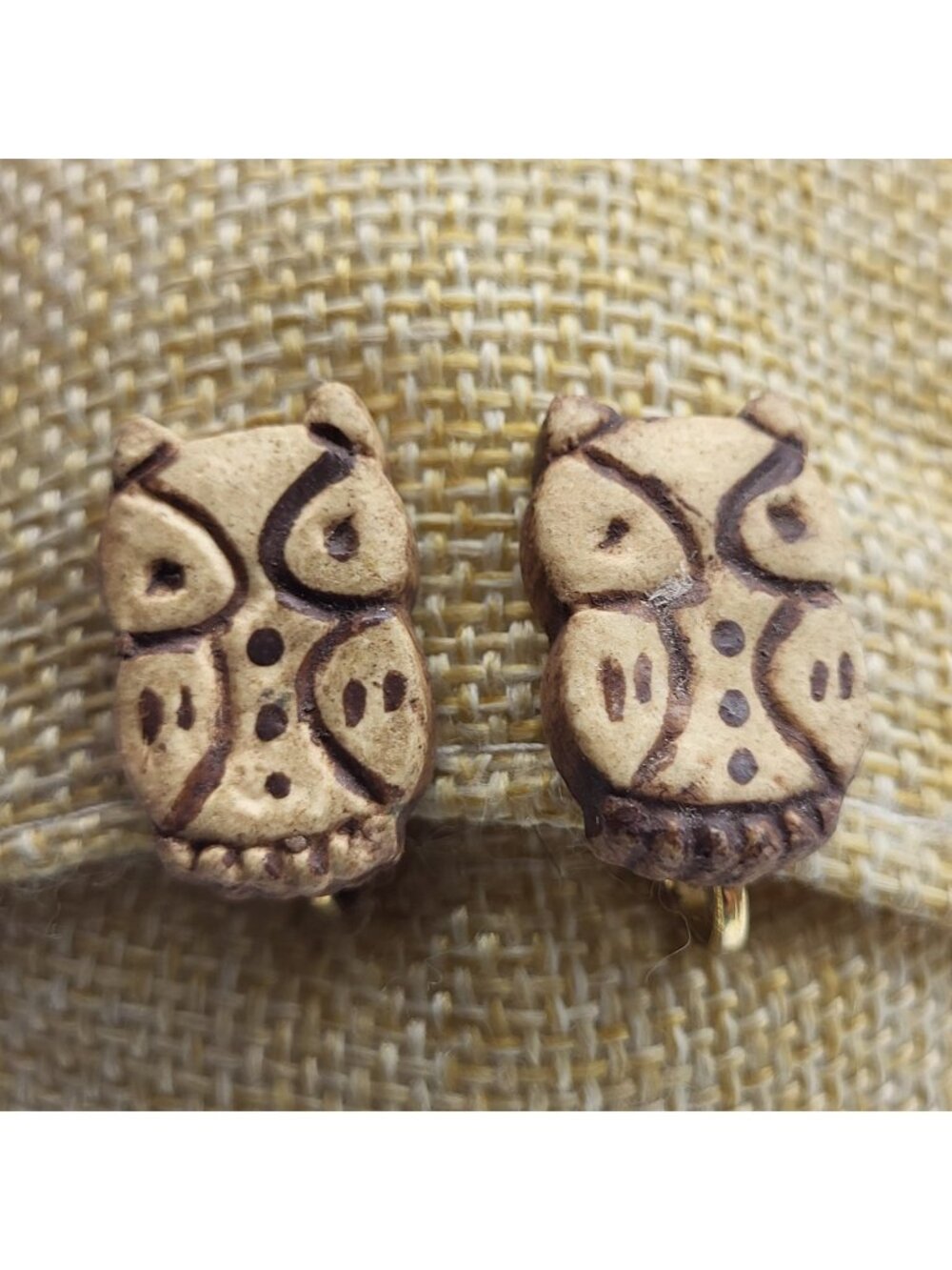 Fabulous Folk Art Artisan Owl Clip earrings clay MCM Retro Bird Halloween
